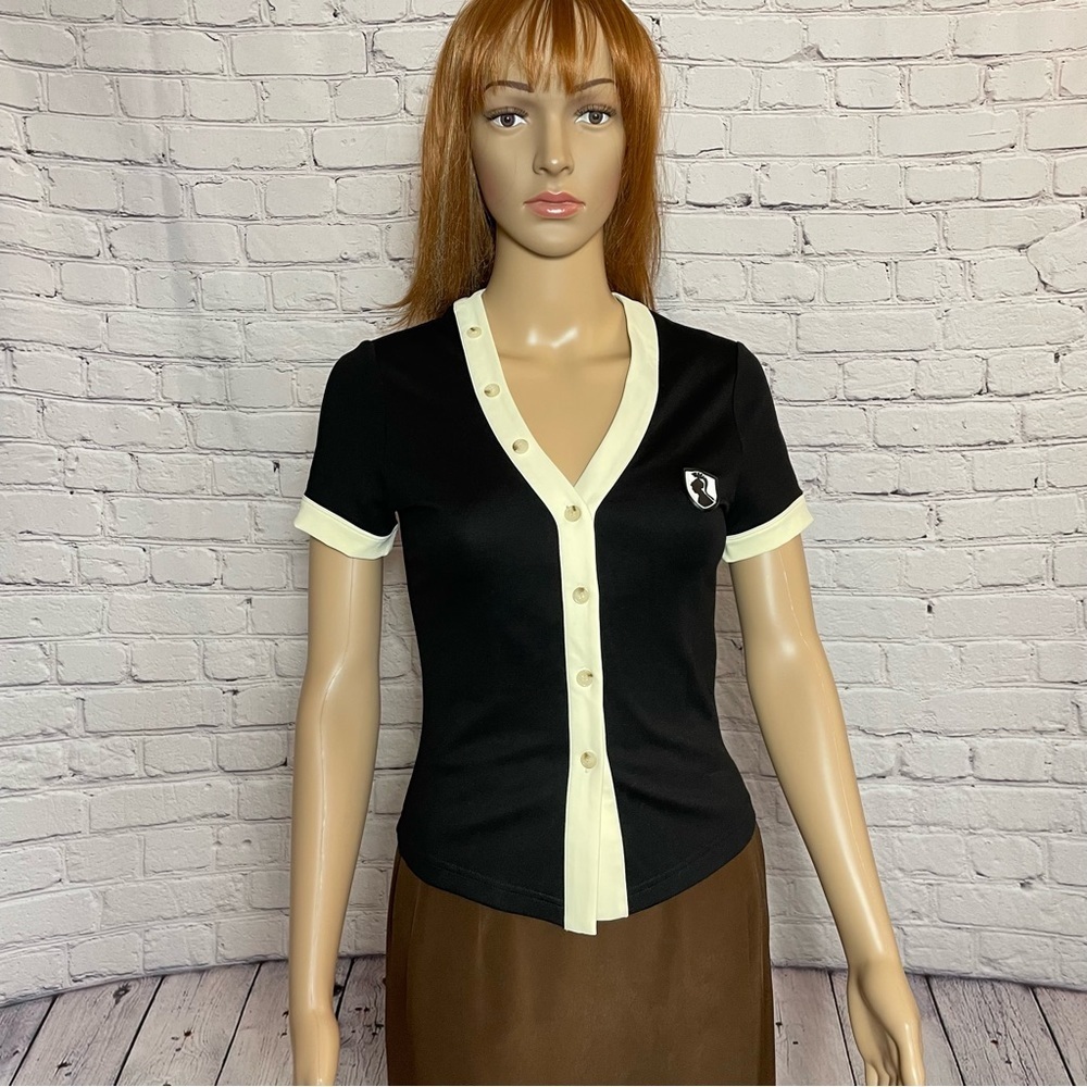 NWT New VHNY Black White Button Up Short Sleeve Top Cardigan Size S